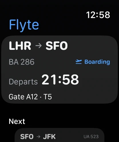 Flyte on watchOS 26.5 showing a boarding flight from London to San Francisco