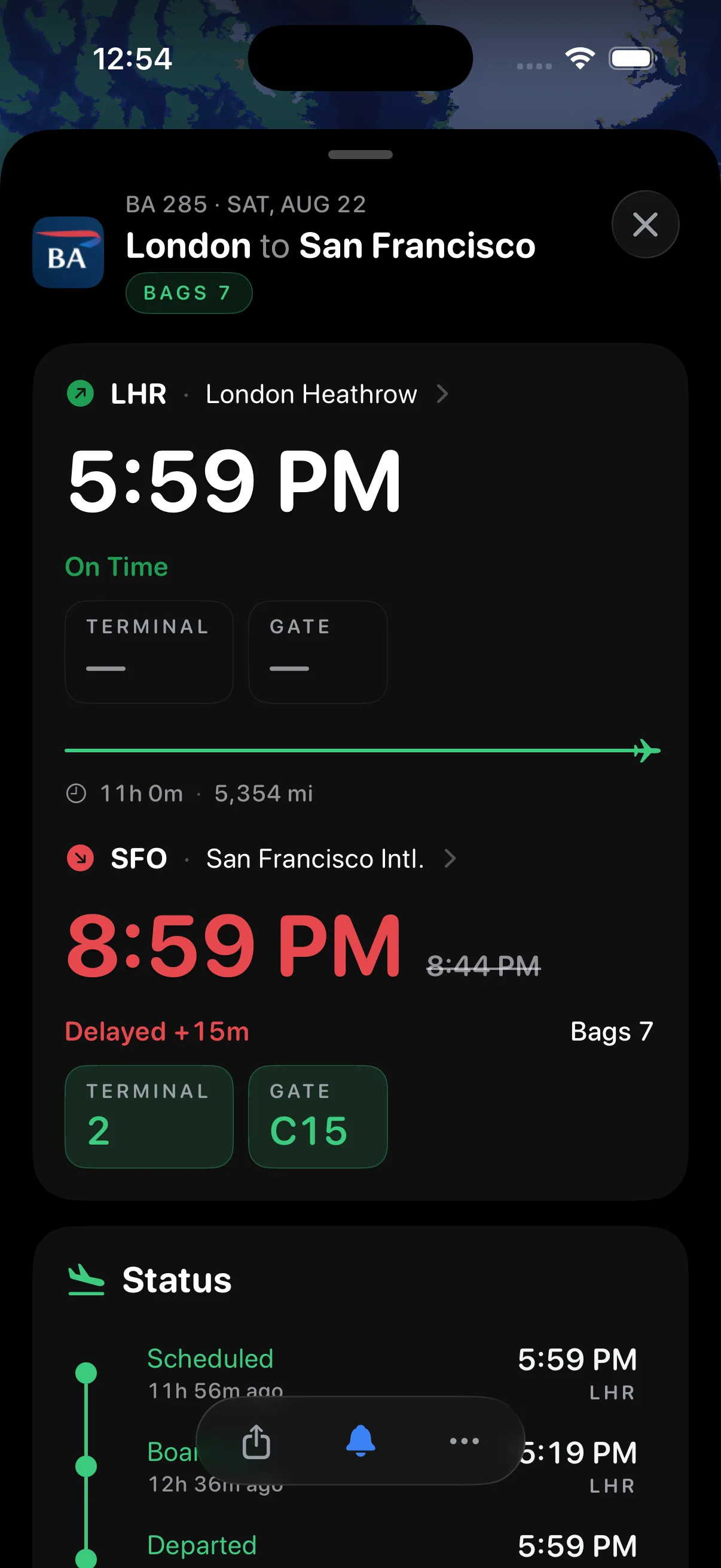 Flyte flight detail on iOS 26 showing a route, times, gate, and glass controls