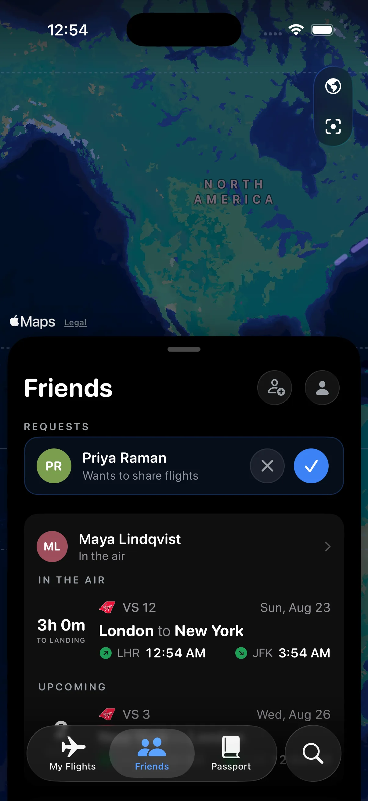 Flyte Friends screen on iOS 26 showing privately shared flights and glass navigation