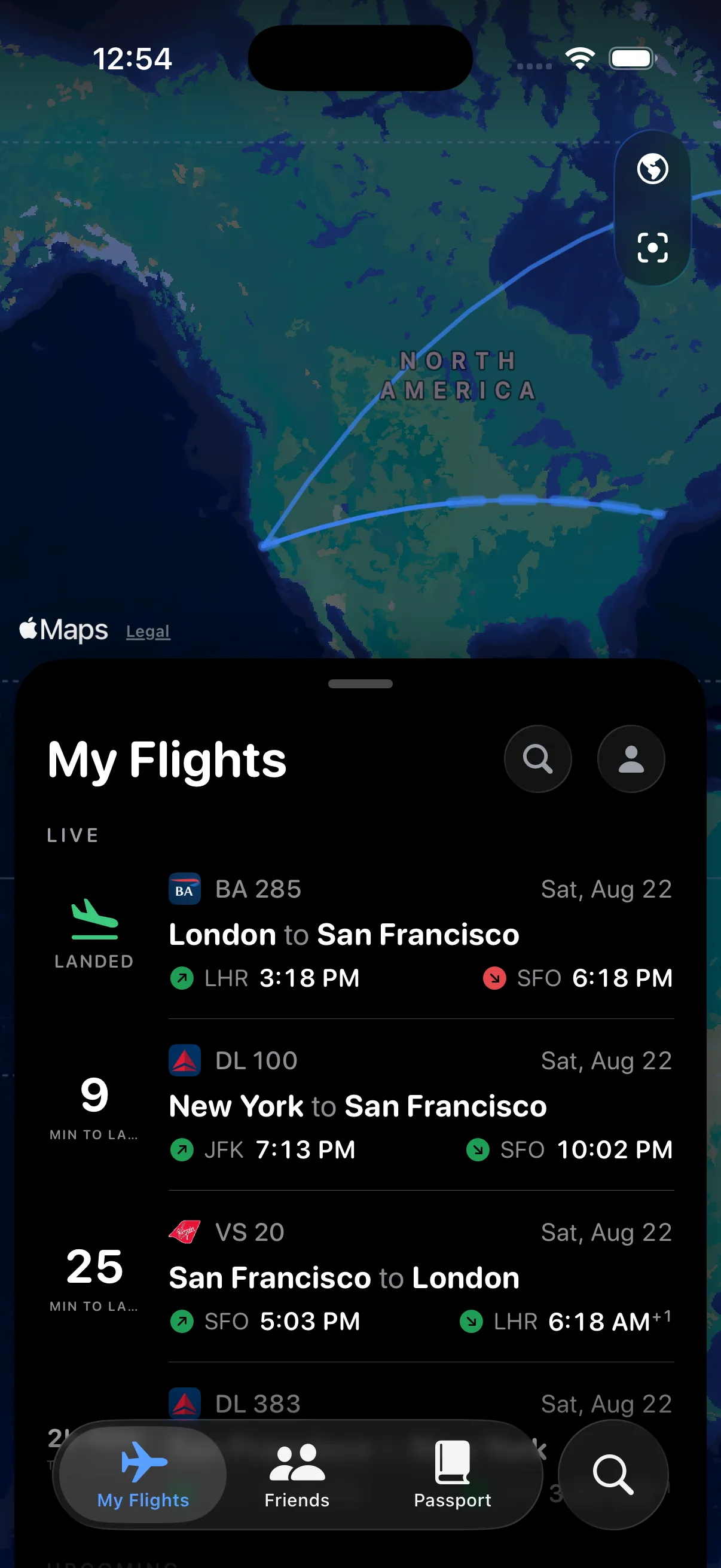 Flyte My Flights board on iOS 26, with a route map and Liquid Glass tab bar