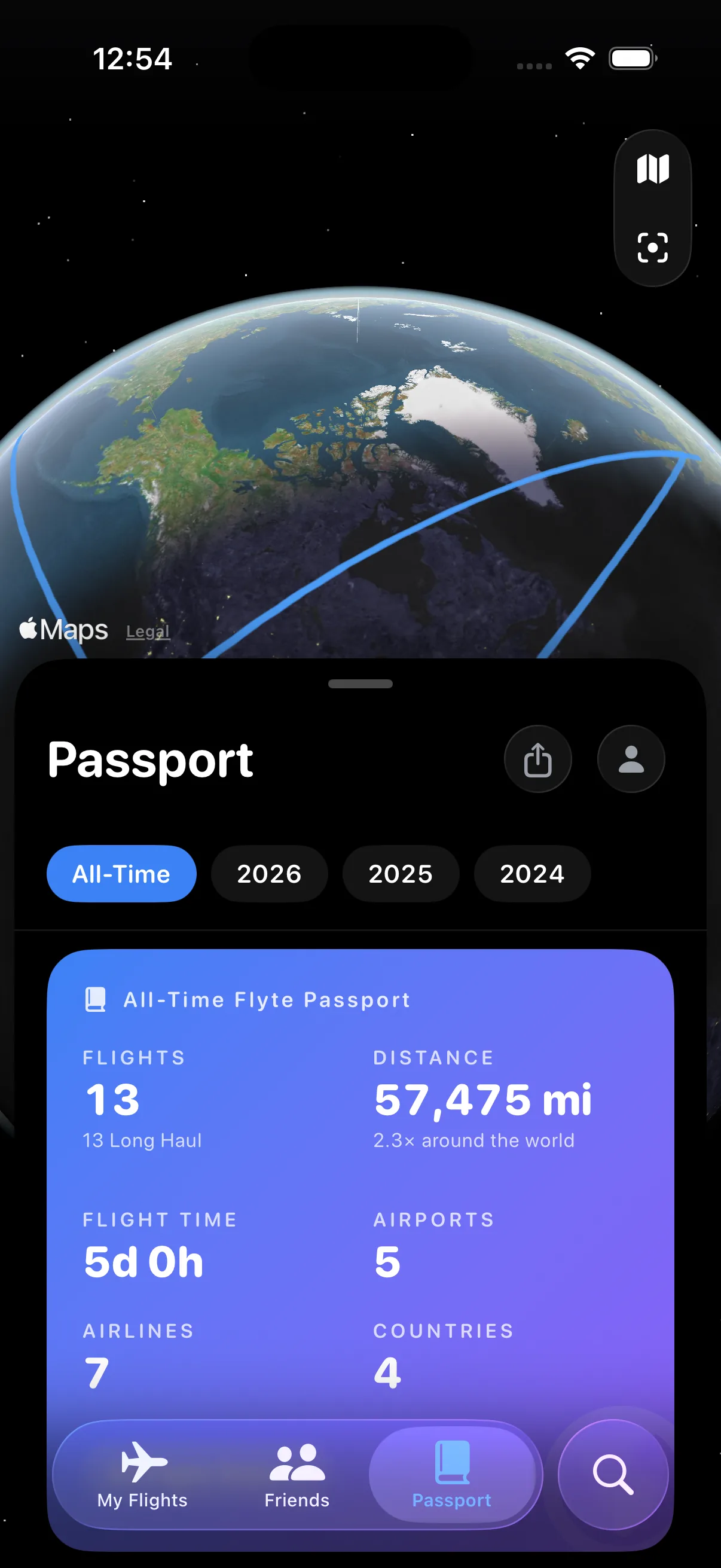 Flyte Passport on iOS 26 showing private travel statistics and a globe